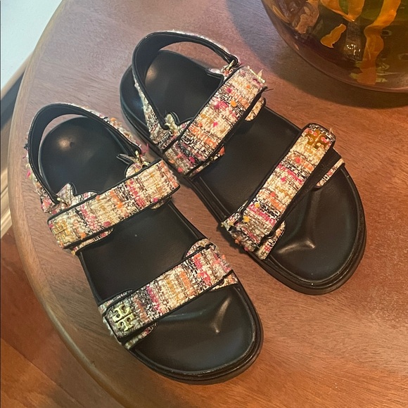 Tory Burch Kira Sport Tweed Bouclé Velcro Sandals Cream Multi | Women’s 8.5 - Picture 4 of 16